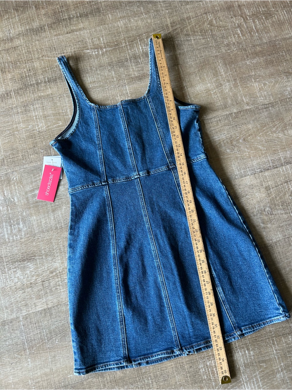 ShoeDazzle Denim Mini Dress Womens L NWT Front Zip Square Neck Stretch